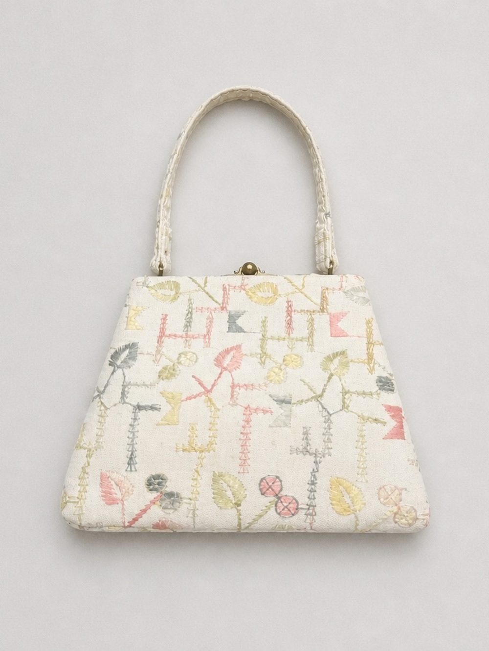 Vintage Women’s Cream Floral Embroidered Top-Handle Bag